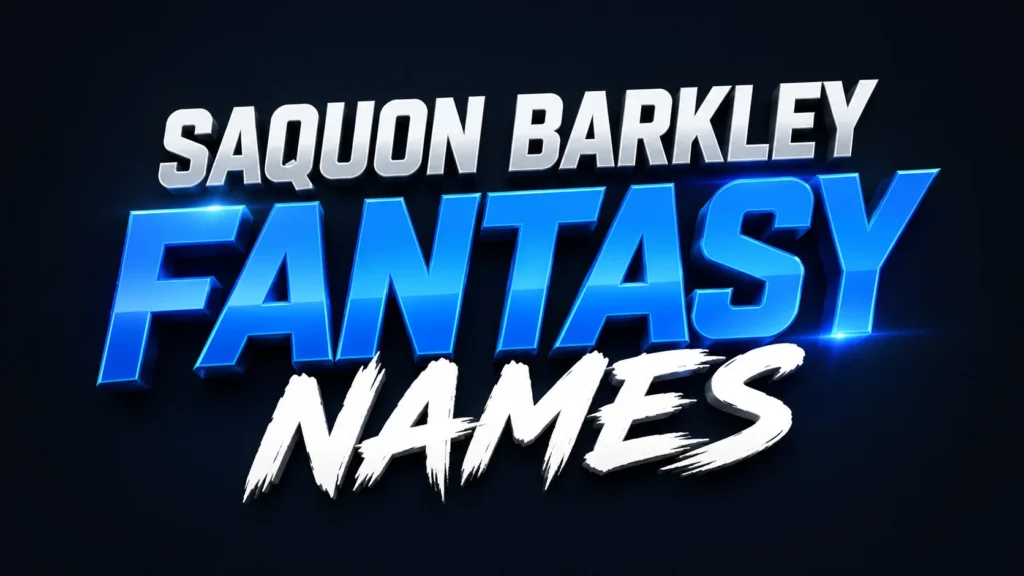 Saquon Barkley Fantasy Names – creative fantasy football team name ideas displayed in bold blue and white text on a professional sports-themed banner.